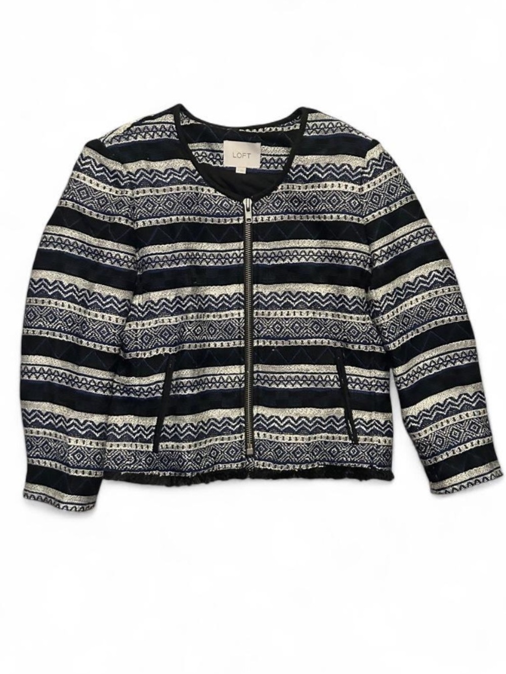 LOFT Navy and Cream Striped Zip-Front Womens Jacket Size 8
